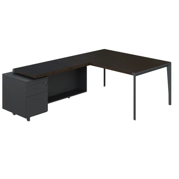 Bureau droit placage bois X-Time Wood - l. 161 x p. 101 cm + retour sur caisson laqué 1 tiroir plat + 1 dossier suspendu
