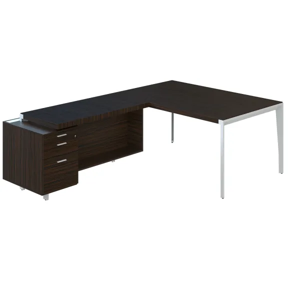 Bureau droit placage bois X-Time Wood - l. 161 x p. 101 cm + retour sur caisson 1 tiroir plat + 1 dossier suspendu
