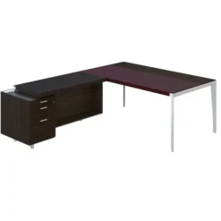 Bureau droit placage bois X-Time Wood - l. 181 x p. 101 cm+ retour s/caisson 1 tiroir plat + 1 DS - sous-main cuir