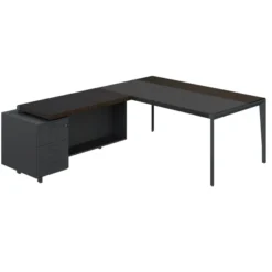 Bureau droit placage bois X-Time Wood - l. 181 x p. 101 cm + retour sur caisson laqué 3 tiroirs - sous-main cuir intégré