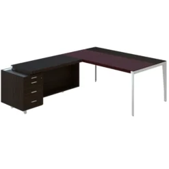 Bureau droit placage bois X-Time Wood - l. 181 x p. 101 cm + retour sur caisson 3 tiroirs plats - sous-main cuir intégré