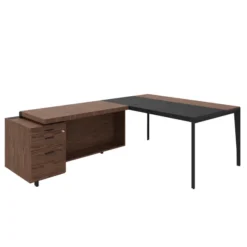 Bureau droit placage bois X-Time Wood - l. 161 x p. 101 cm + retour s/caisson + 1 tiroir plat + 1 DS - sous-main cuir