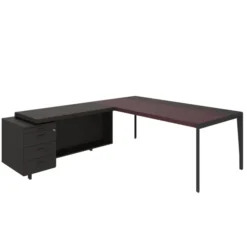 Bureau droit placage bois X-Time Wood - l. 161 x p. 101 cm + retour sur caisson laqué 3 tiroirs - sous-main cuir intégré