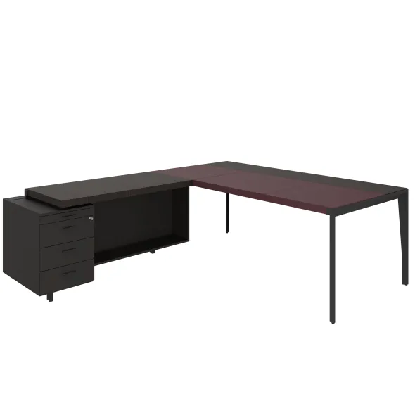 Bureau droit placage bois X-Time Wood - l. 161 x p. 101 cm + retour sur caisson laqué 3 tiroirs - sous-main cuir intégré