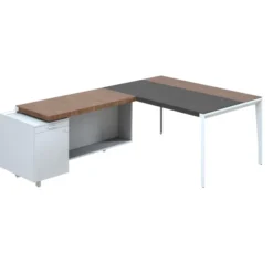 Bureau droit placage bois X-Time Wood - l. 161 x p. 101 cm + meuble de rangement laqué - sous-main cuir intégré