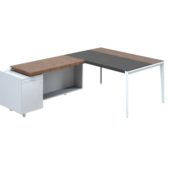 Bureau droit placage bois X-Time Wood - l. 161 x p. 101 cm + meuble de rangement laqué - sous-main cuir intégré