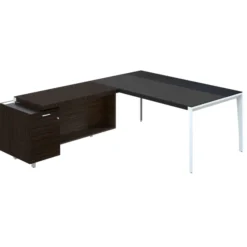 Bureau droit placage bois X-Time Wood - l. 181 x p. 101 cm + meuble de rangement sous-main cuir intégré