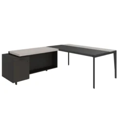 Bureau droit placage bois X-Time Wood - l. 181 x p. 101 cm + meuble de rangement laqué - sous-main cuir intégré