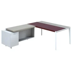 Bureau droit placage bois X-Time Wood - l. 181 x p. 101 cm + meuble de rangement laqué - sous-main cuir intégré