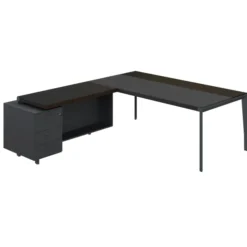 Bureau droit placage bois X-Time Wood - l. 201 x p. 101 cm + retour sur caisson laqué 3 tiroirs - sous-main cuir intégré