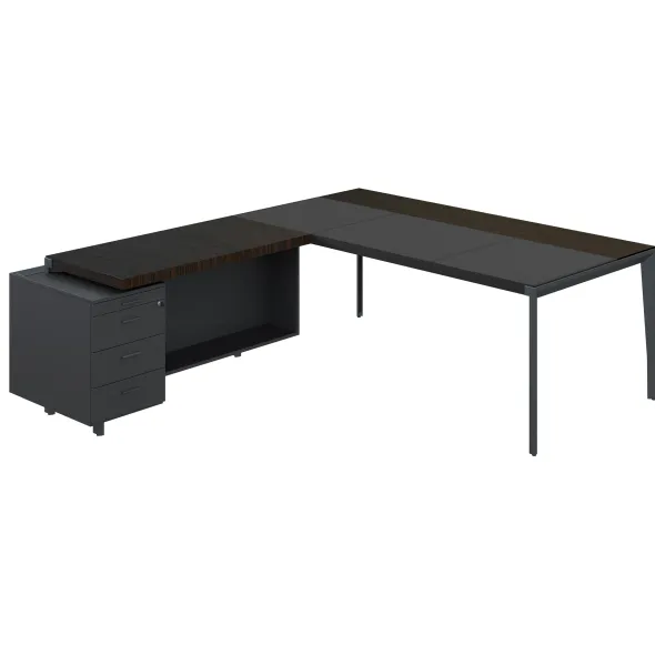 Bureau droit placage bois X-Time Wood - l. 201 x p. 101 cm + retour sur caisson laqué 3 tiroirs - sous-main cuir intégré