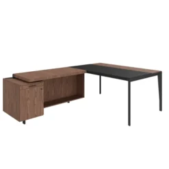 Bureau droit placage bois X-Time Wood - l. 161 x p. 101 cm + meuble de rangement sous-main cuir intégré