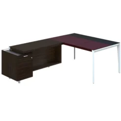 Bureau droit placage bois X-Time Wood - l. 161 x p. 101 cm + meuble de rangement sous-main cuir intégré