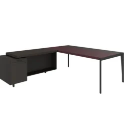 Bureau droit placage bois X-Time Wood - l. 201 x p. 101 cm + meuble de rangement laqué - sous-main cuir intégré