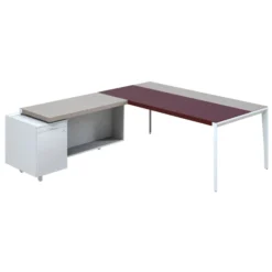 Bureau droit placage bois X-Time Wood - l. 201 x p. 101 cm + meuble de rangement laqué - sous-main cuir intégré
