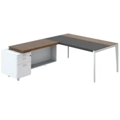 Bureau droit placage bois X-Time Wood - l. 181 x p. 101 cm + retour s/caisson laqué 1 tiroir + 1 DS - sous-main cuir
