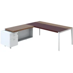 Bureau droit placage bois X-Time Wood - l. 201 x p. 101 cm + retour s/ caisson laqué 1 tiroir + 1 DS - sous-main cuir