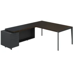 Bureau droit placage bois X-Time Wood - l. 181 x p. 101 cm + retour sur caisson laqué 1 tiroir plat + 1 dossier suspendu