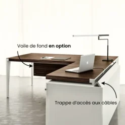 Bureau droit placage bois X-Time Wood - l. 181 x p. 101 cm + retour sur caisson laqué 1 tiroir plat + 1 dossier suspendu