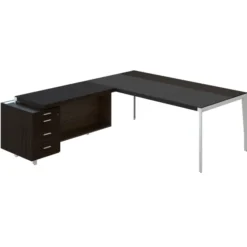 Bureau droit placage bois X-Time Wood - l. 201 x p. 101 cm + retour sur caisson 3 tiroirs plats - sous-main cuir intégré