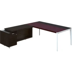 Bureau droit placage bois X-Time Wood - l. 201 x p. 101 cm + meuble de rangement sous-main cuir intégré