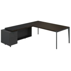 Bureau droit placage bois X-Time Wood - l. 201 x p. 101 cm + retour sur caisson laqué 1 tiroir plat + 1 dossier suspendu
