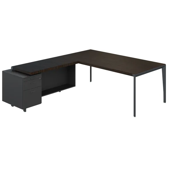 Bureau droit placage bois X-Time Wood - l. 201 x p. 101 cm + retour sur caisson laqué 1 tiroir plat + 1 dossier suspendu