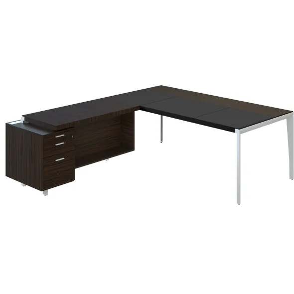 Bureau droit placage bois X-Time Wood - l. 201 x p. 101 cm + retour sur caisson 1 tiroir plat + 1 DS - sous-main cuir