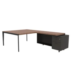 Bureau droit placage bois X-Time Wood - l. 141 x p. 141 cm + retour sur caisson laqué 1 tiroir plat + 1 dossier suspendu