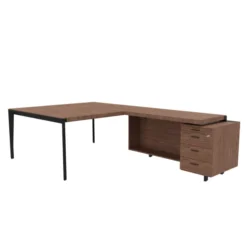 Bureau droit placage bois X-Time Wood - l. 141 x p. 141 cm + retour sur caisson 1 tiroir plat + 1 dossier suspendu