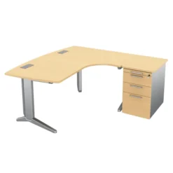 Bureau ergonomique compact 90° asymétrique Fusion - l. 170 x l. 120 x pr. 80-66 cm caisson sur retour mélaminé - pieds C