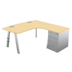 Bureau ergonomique compact 90° asymétrique Fusion - l. 170 x l. 120 x pr. 80-66 cm + caisson sur retour métal - 4 pieds