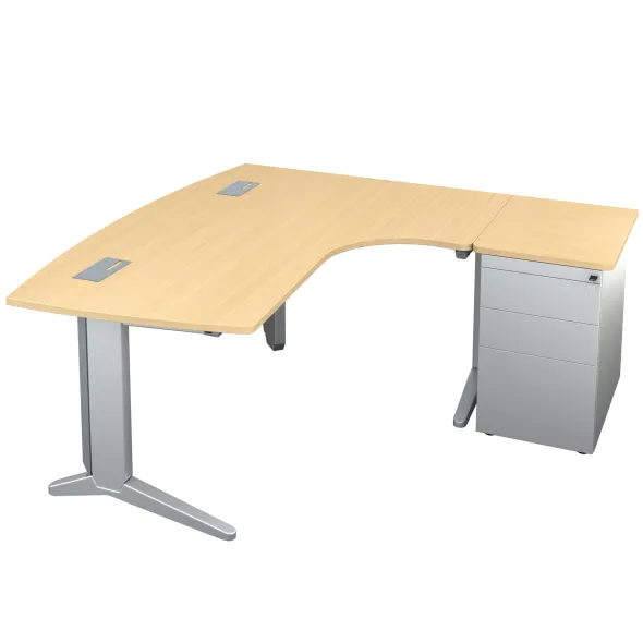 Bureau ergonomique compact 90° asymétrique Fusion - l. 170 x l. 120 x pr. 80-66 cm + caisson sur retour métal - pieds C
