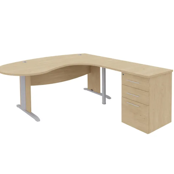 Bureau ergonomique compact 90° asymétrique Majesty - l. 200 x l. 110 x pr. 60 cm + retour caisson 3 tiroirs