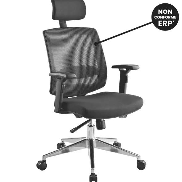 Chaise de bureau Izy - assise tissu noir - dossier maille noir - appui-tête - Non conforme ERP
