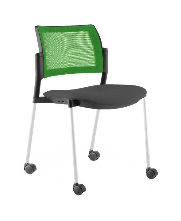 Chaise de réunion 4 pieds sur roulettes Kyos - assise tissu - dossier résille - piétement époxy - lot de 2