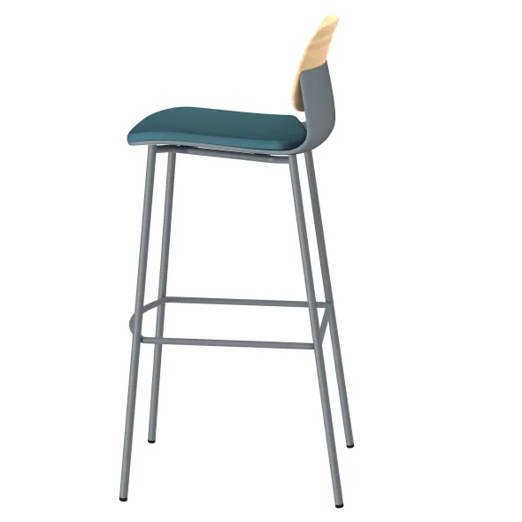 Chaise haute 4 pieds métal Klik - assise textile enduit - dossier chêne - hauteur d'assise 77,5 cm