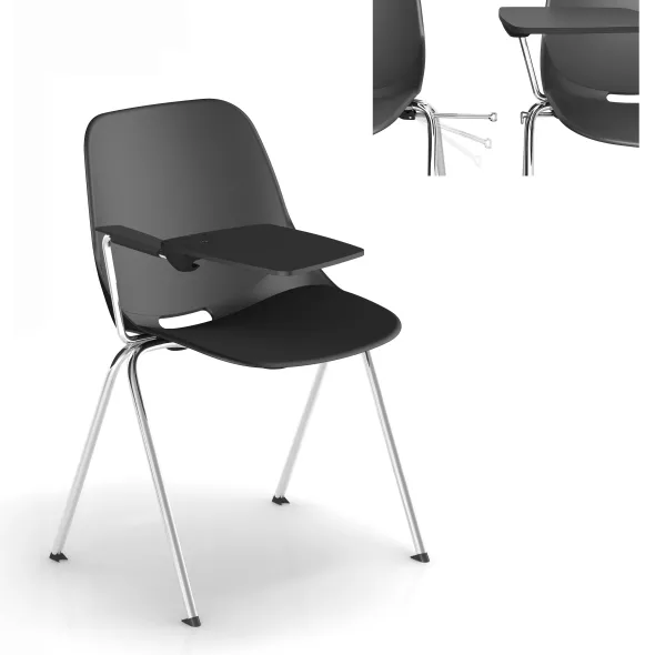 Chaise 4 pieds Bakea - polypropylène - tablette écritoire intégrée - piét. chrome - empilable accrochable - lot de 3