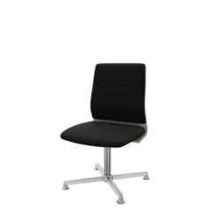 Chaise pivotante retour point fixe Directa - cuir - dossier bois - piétement aluminium poli sur patins