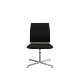 Chaise pivotante retour point fixe Directa - cuir - dossier bois - piétement aluminium poli sur patins