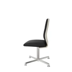 Chaise pivotante retour point fixe Directa - cuir - dossier bois - piétement aluminium poli sur patins