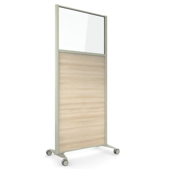 Cloison droite KP - l. 81 x h. 180 cm - partie basse mélaminé et partie haute vitrée - 2 pieds sur roulettes