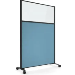 Cloison droite KP - l. 122 x h. 180 cm - partie basse tissu acoustique et partie haute vitrée - 2 pieds sur roulettes