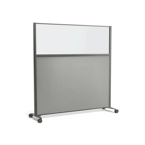 Cloison droite KP - l. 163 x h. 160 cm - partie basse tissu et partie haute vitrée - 2 pieds sur roulettes