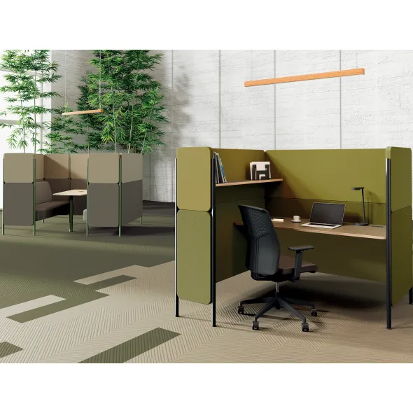 Espace de travail 1 place En Aparté - plan de travail + étagère - l. 164,4 x h.150 x pr. 164,4 cm