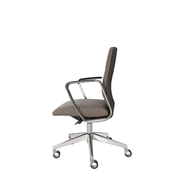 Fauteuil de bureau Directa - tissu - dossier bois - piétement aluminium poli - manchettes cuir noir