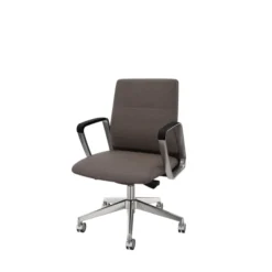 Fauteuil de bureau Directa - tissu - dossier bois - piétement aluminium poli - manchettes cuir noir