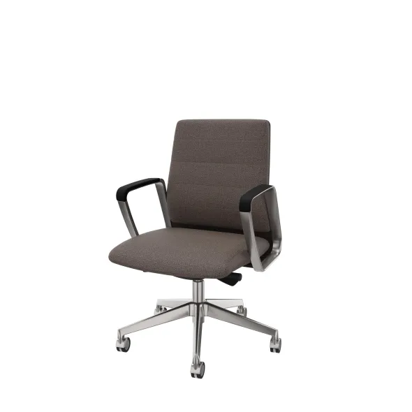 Fauteuil de bureau Directa - tissu - dossier bois - piétement aluminium poli - manchettes cuir noir