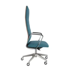 Fauteuil de bureau Directa - tissu - haut dossier bois - piétement aluminium poli - manchettes cuir noir