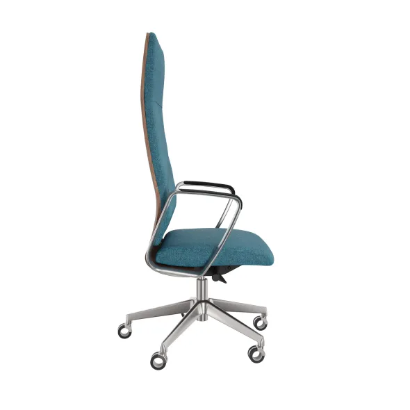 Fauteuil de bureau Directa - tissu - haut dossier bois - piétement aluminium poli - manchettes cuir noir